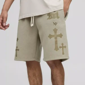 Relaxed Fit Gothic M Cross Print Short