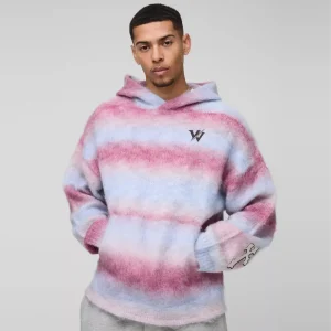 Boxy Fit Ombre Stripe Brushed Knit Cross Hoodie